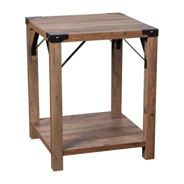 Flash Furniture Wyatt Modern Farmhouse Wooden 2 Tier End Table With Metal Corner Accents And Cross Bracing