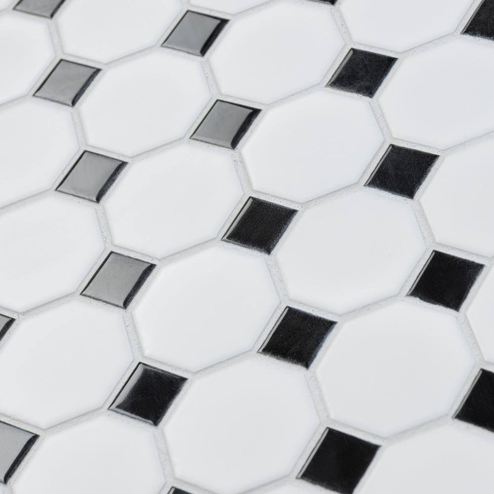 Merola Tile Metro Octagon Matte White wBlack Dot 11 12 in. x 11 12 in. Porcelain Mosaic  9.4 sq. ft. Case FXLM2OWD