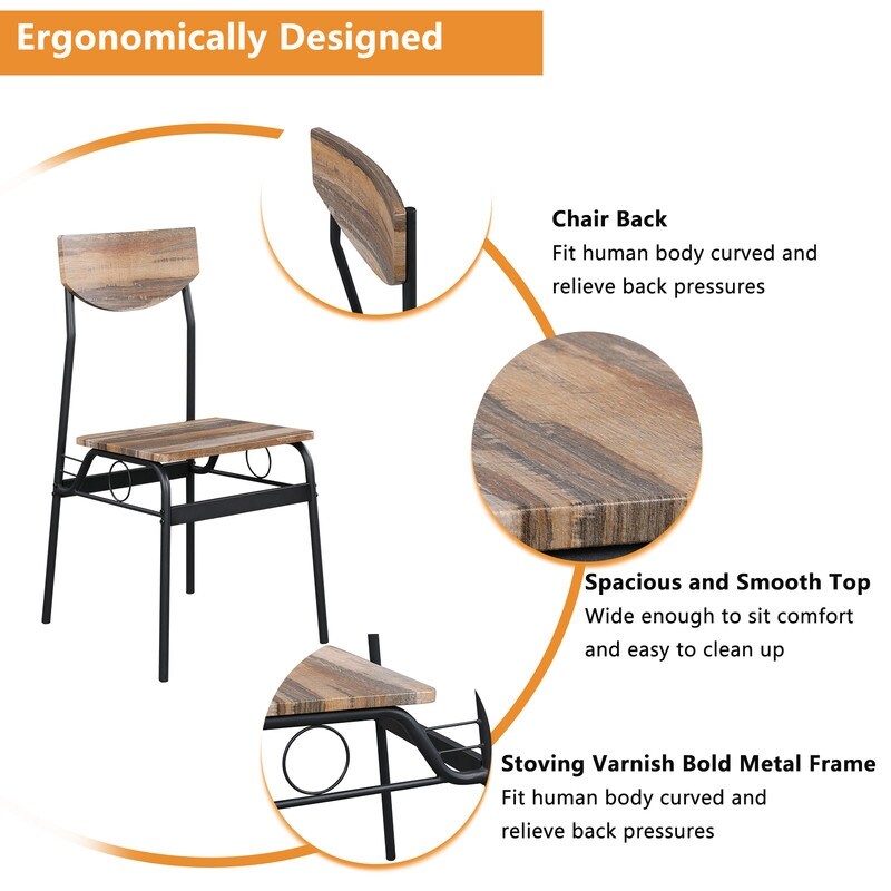 Rectangular Iron Compartment Dining Set with Table 4 Chairs Wood Color