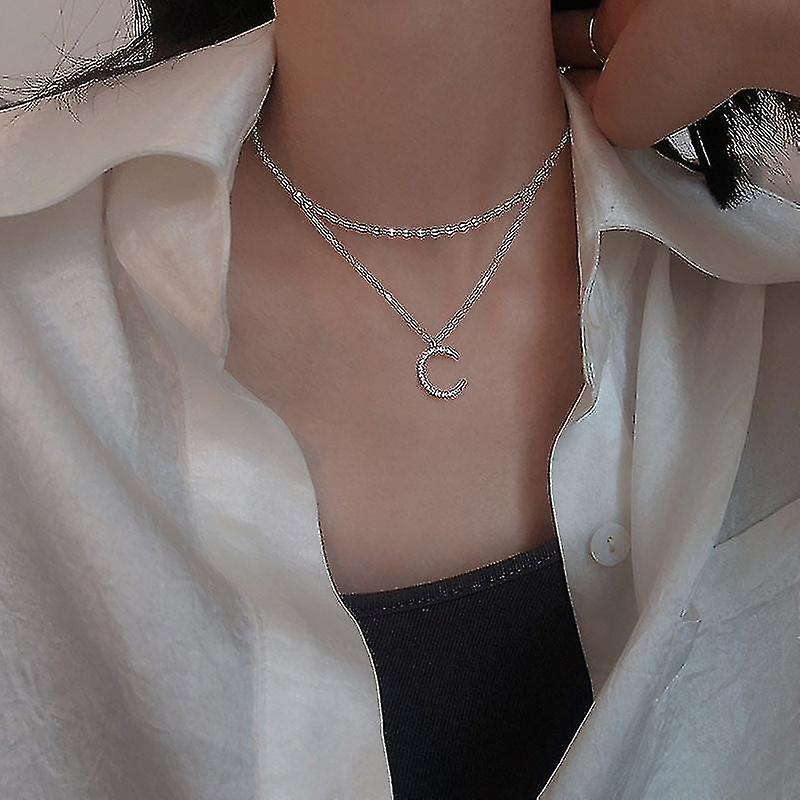 Stylish Moon Double layer Necklace Female Six pointed Star Style Clavicle Chain All matching