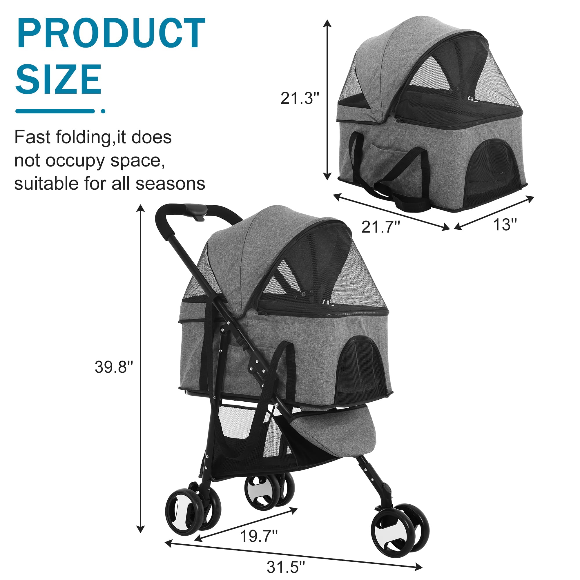 YRLLENSDAN Foldable Pet Stroller with Detachable Carrier， Dog Stroller Small Dogs 3 Wheel 3-in-1 Multifunction Pet Carriers for Small Medium Dogs with Wheels Cat Stroller w/Storage Basket