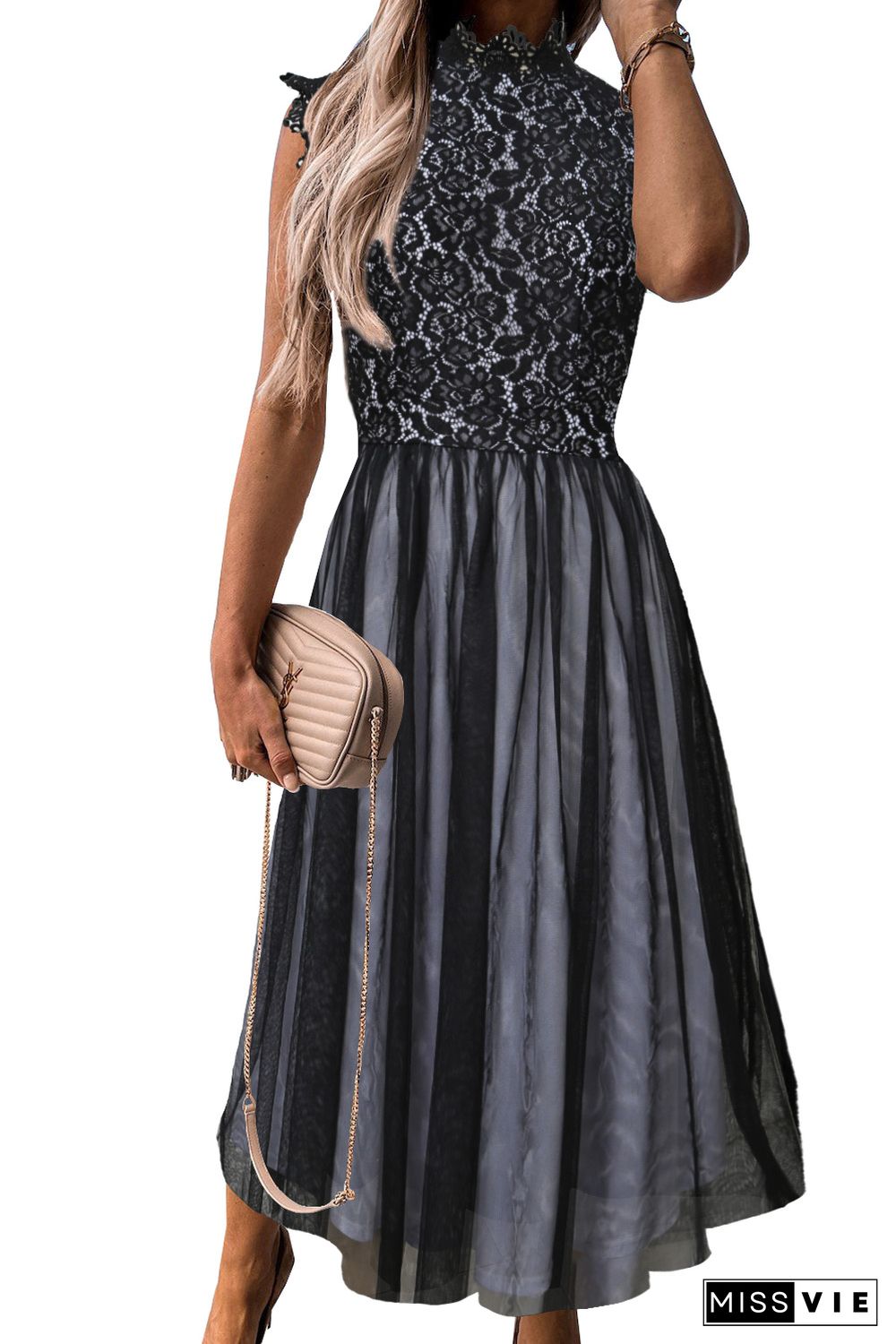 Black High Neck Sleeveless Crochet Lace Mesh Lined Evening Dress