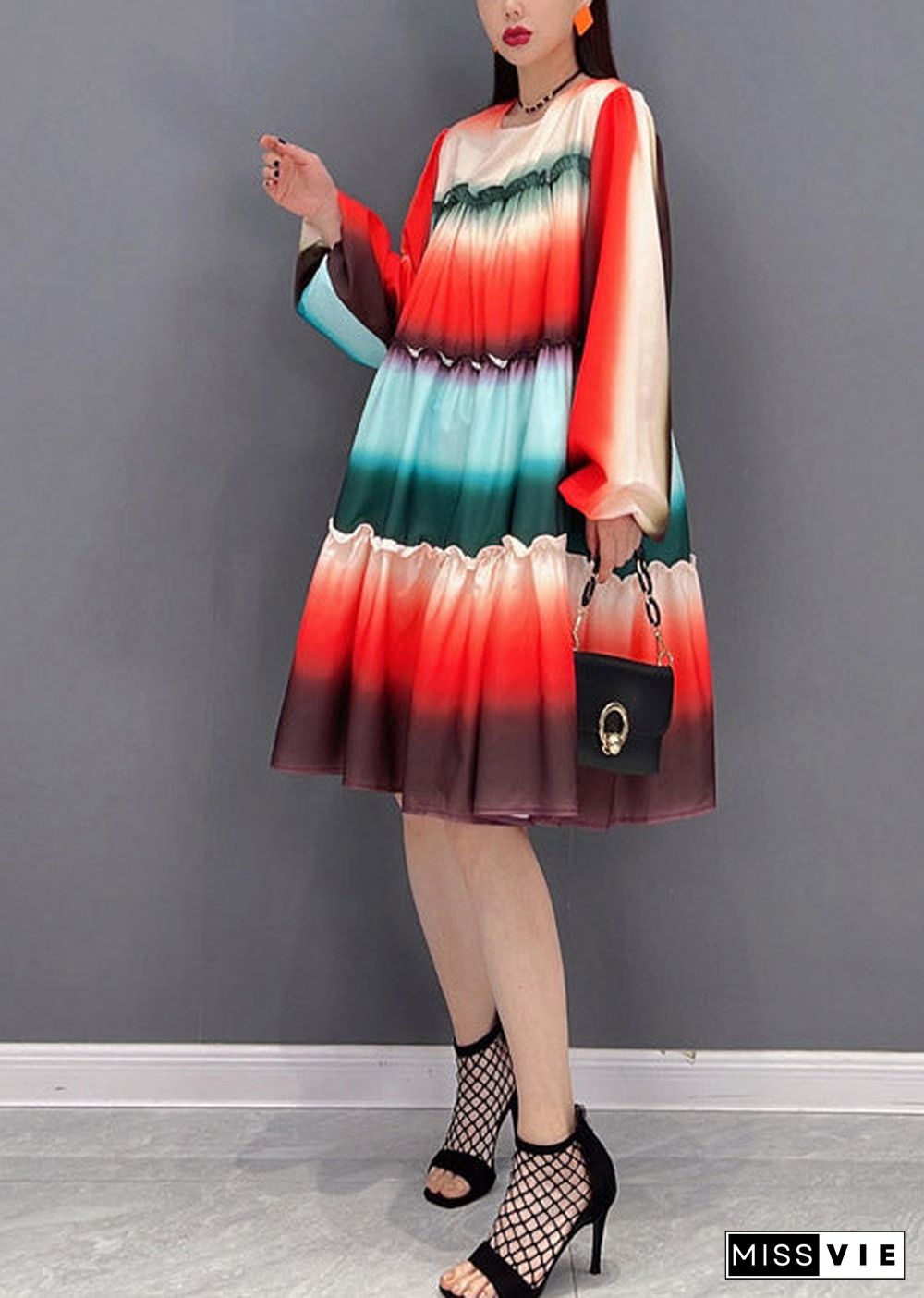 Casual Gradient color O-Neck Ruffled Patchwork A Line Dresses Long Sleeve