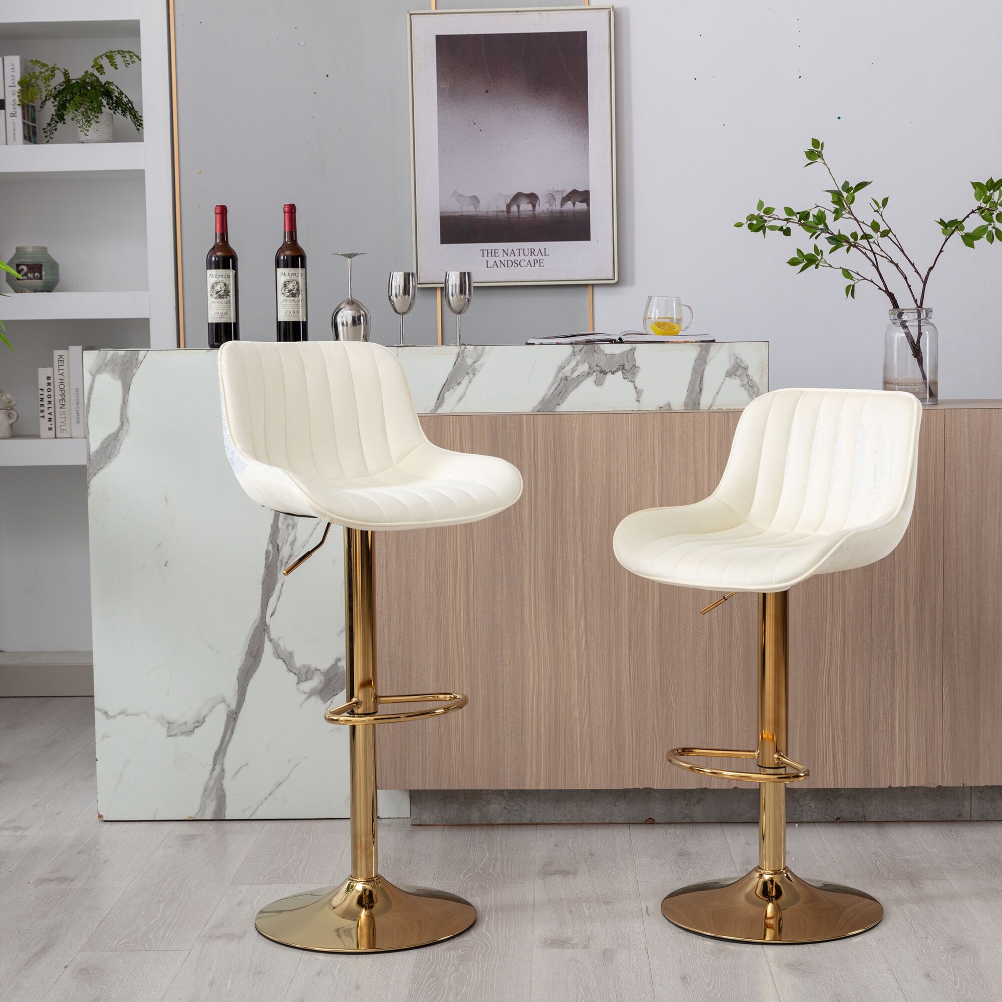 Modern Velvet Adjustable Bar Stools With Golden Base