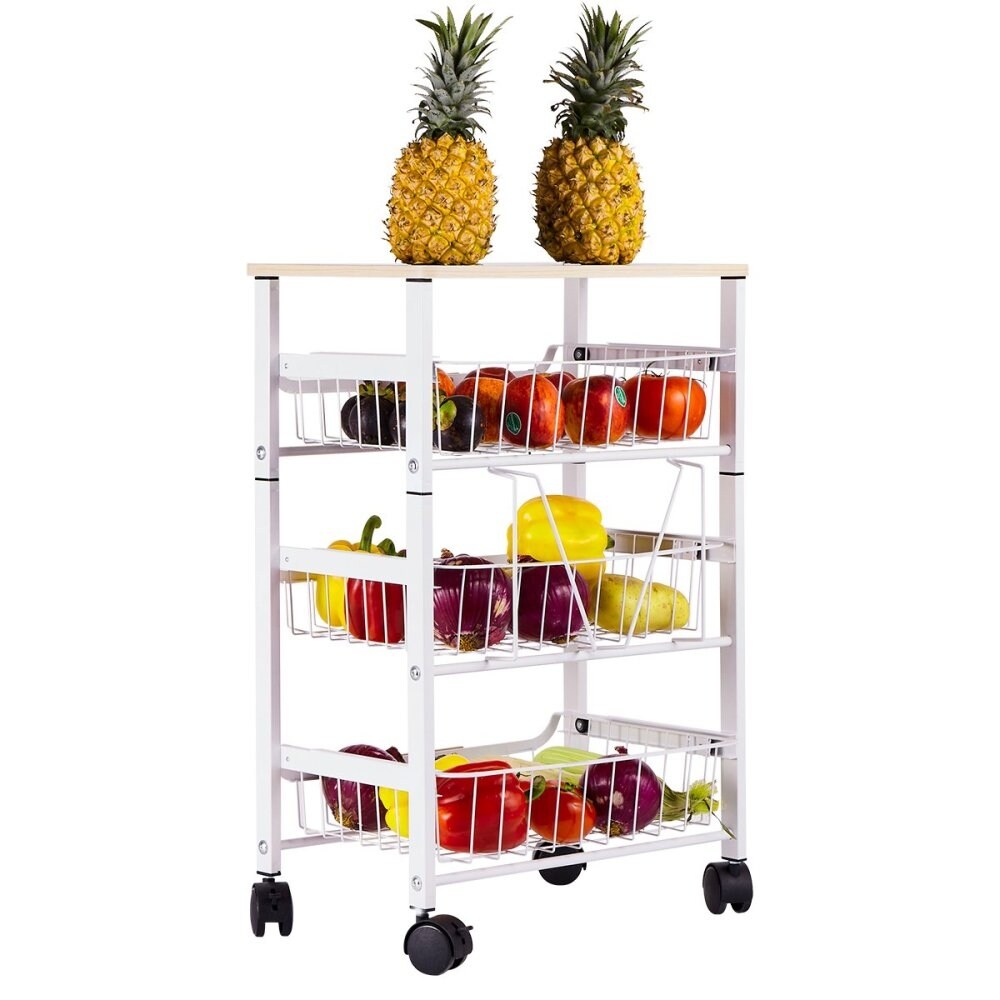 4 Tier Metal Wire Basket Shelf White Kitchen Storage Rolling Cart