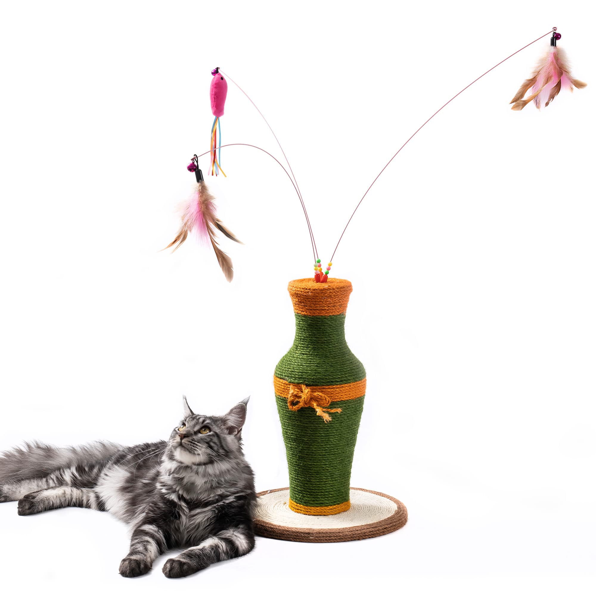 Cat Scratching Post with 3 Feather Toys， 2-in-1 Vintage Vase-shaped， Furniture Scratching Deterrent for Indoor Cats