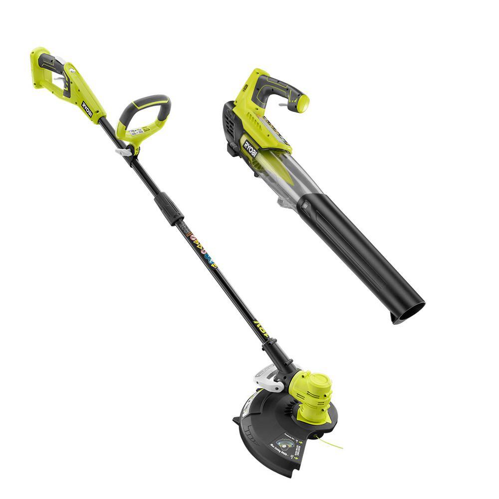 RYOBI ONE+ 18V Cordless String TrimmerEdger and Blower with Extra 3-Pack of Spools 4.0 Ah Battery and Charger P2035-AC