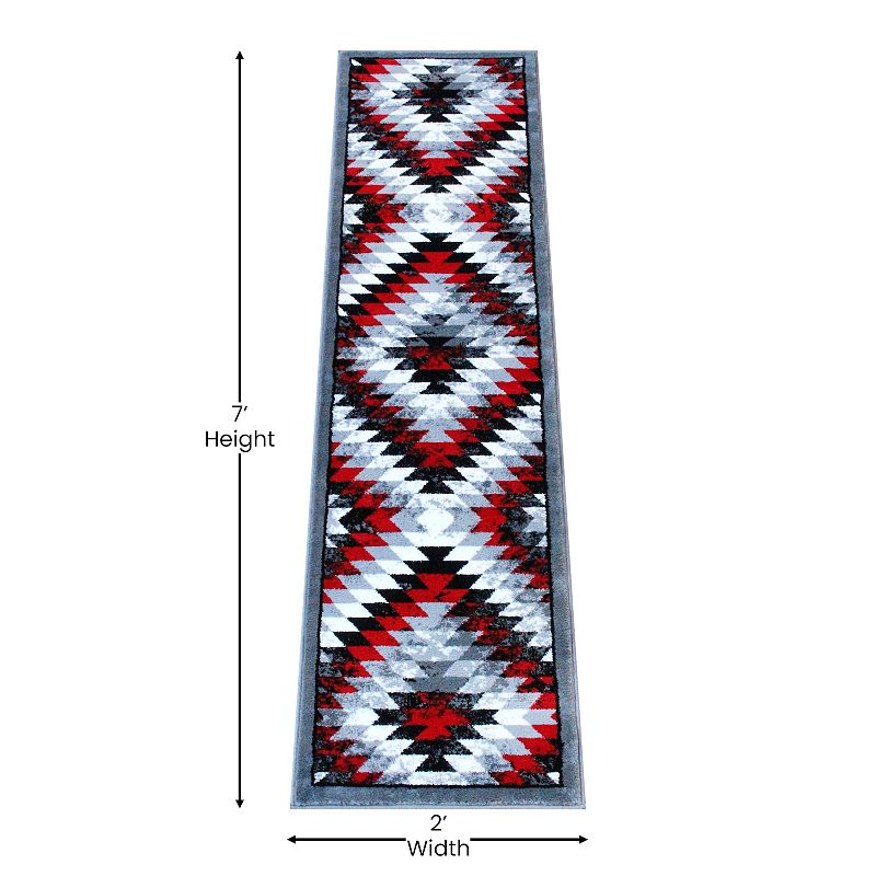 Masada Rugs Masada Rugs Stephanie Collection 2'x7' Area Rug Runner with Distressed Southwest Native American Design 1106 in Red， Gray， Black and White