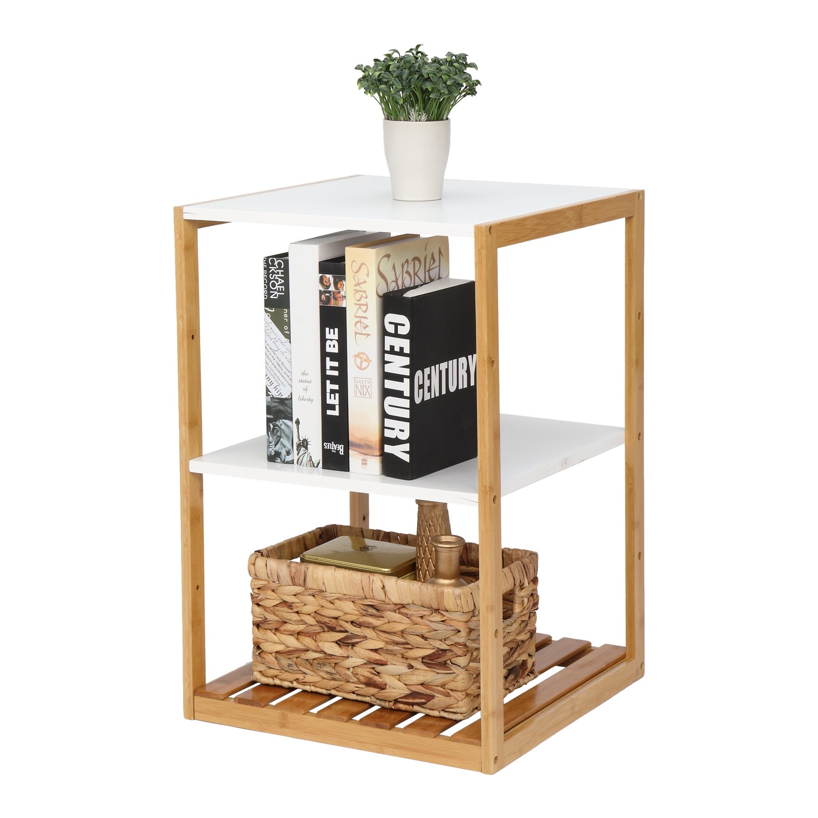 3-Layer Bamboo Side Table - White Table Top Natural Wood Table