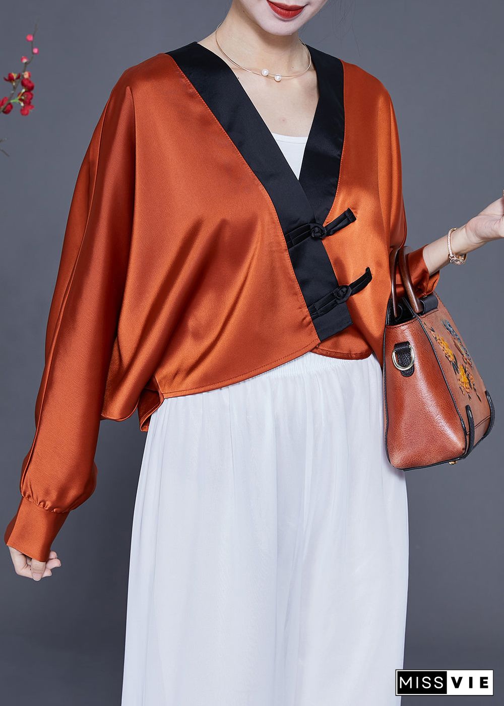 Art Caramel Oversized Patchwork Chinese Button Silk Shirt Spring