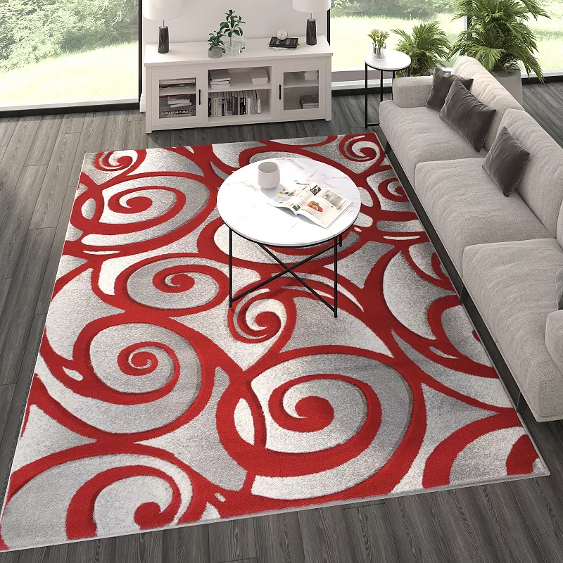 Masada Rugs Masada Rugs DaVincii Collection 8'x10' Red， White and Gray Modern Woven Area Rug， Hand Carved Sculpting -Design D241