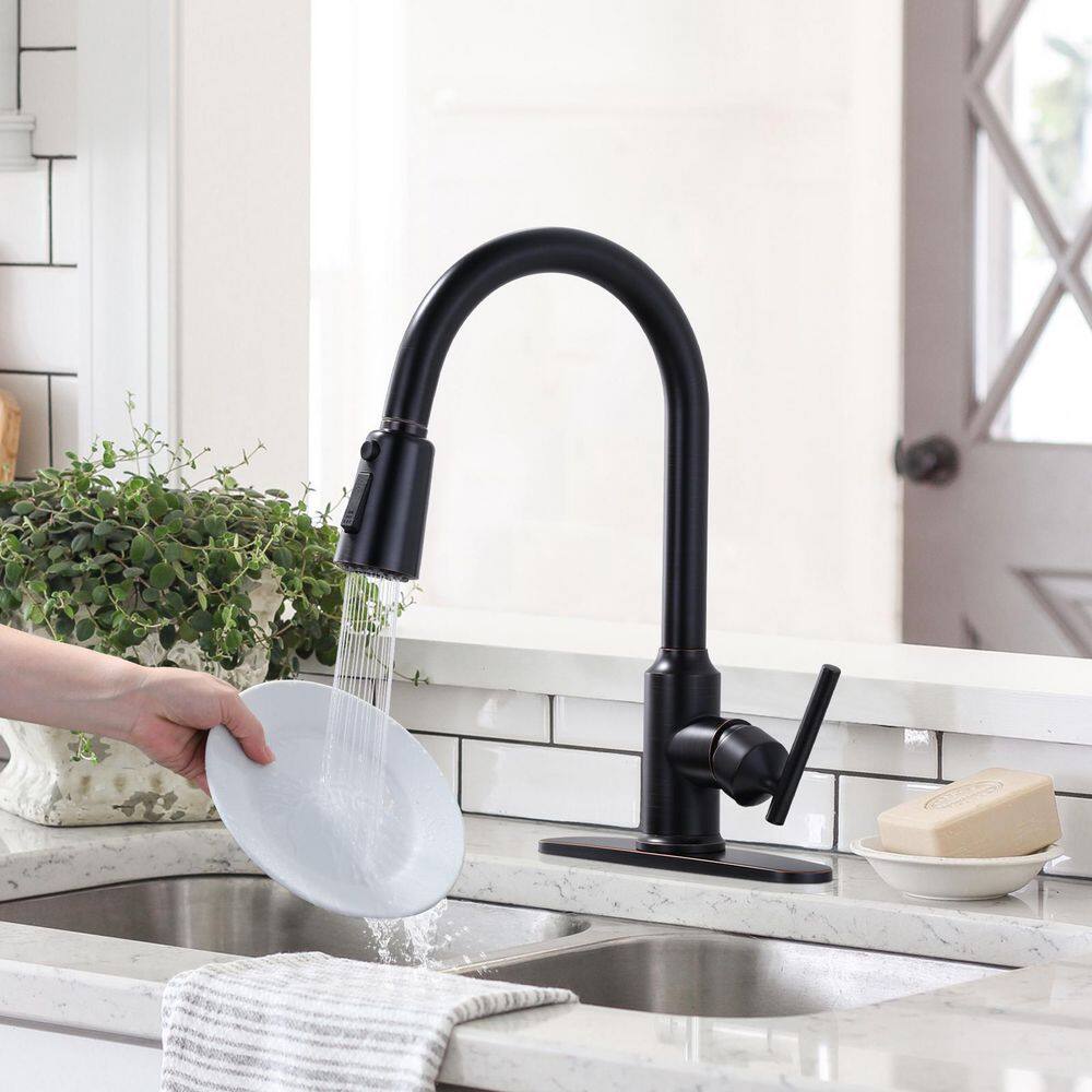 WOWOW Single-Handle Pull-Down Sprayer Kitchen Faucet with PowerSpray and Temperature Control in Oil Rubbed Bronze 2312701RB-AMUS