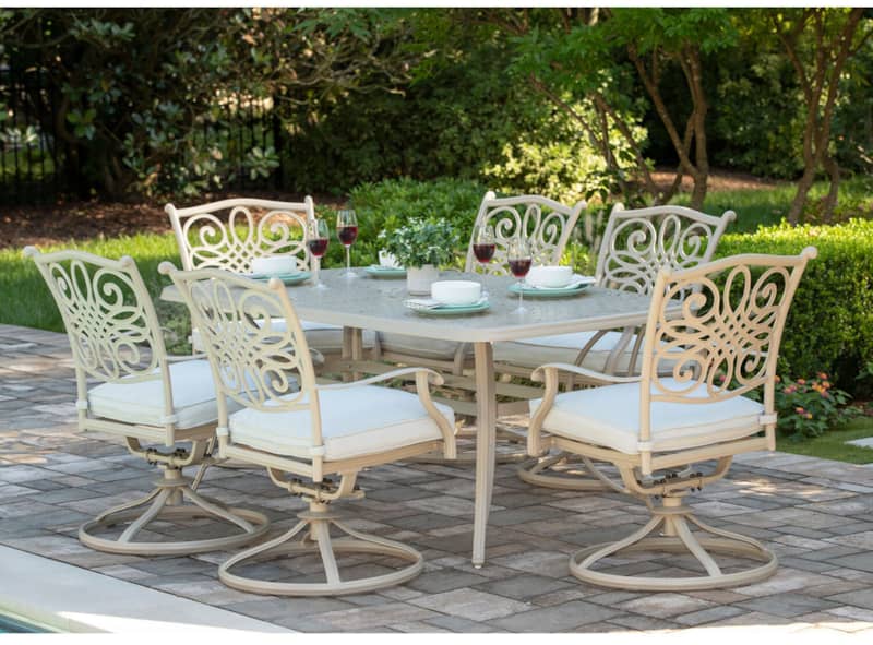 Hanover Traditions 7-Piece Outdoor Dining Set In Beige/Sand With 6 Swivel Chairs， 38and#215;72 Cast-Top Table