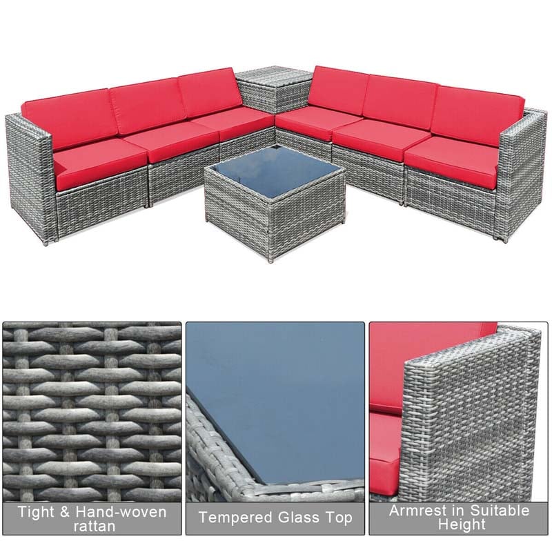 8 Pcs Rattan Patio Sectional Sofa Couch Set Outdoor Wicker Furniture Set with Storage Table & Cushions