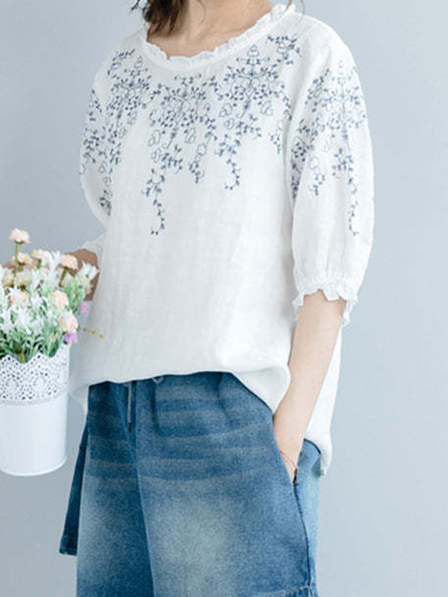 Round Neck Casual Loose Embroidered Short Sleeve Blouse