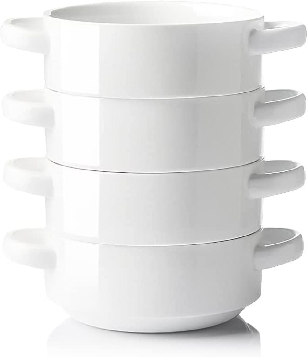 SWEEJAR Ceramic Soup Bowls，with Double Handles，20 Ounce，Set of 4(White)