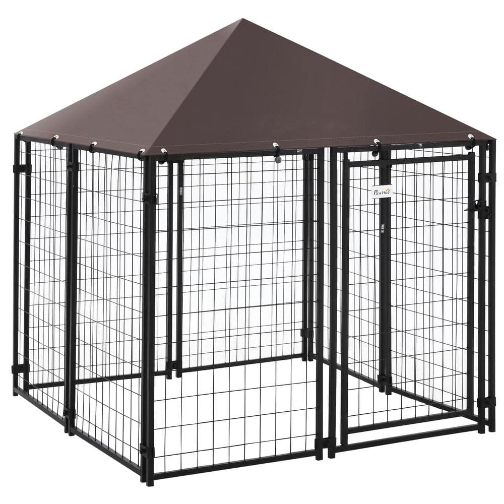 PawHut Black Metal Lockable Dog House Kennel with Water-Resistant Roof D02-031