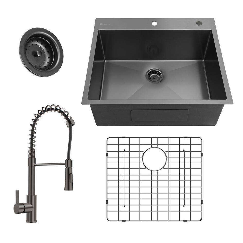 Glacier Bay Gunmetal Black Stainless Steel 25 in. 18 Gauge Single Bowl Dual Mount Kitchen Sink with Black Spring Neck Faucet ACS2522A1T-F