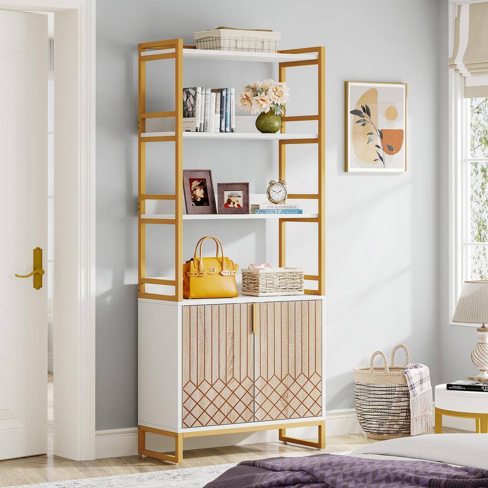 BYBLIGHT Eulas 28 in. Wide White 6 Shelf Cabinet Bookcase Gold Bookshelf with Doors Tall Modern Open Display Shelf BB-XK00200XF