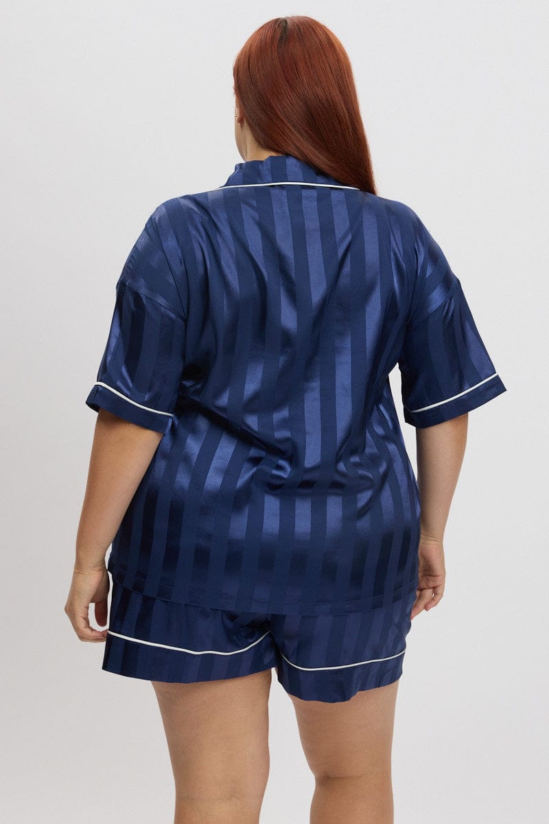 Blue Stripe Satin Pajamas Set Short Sleeve