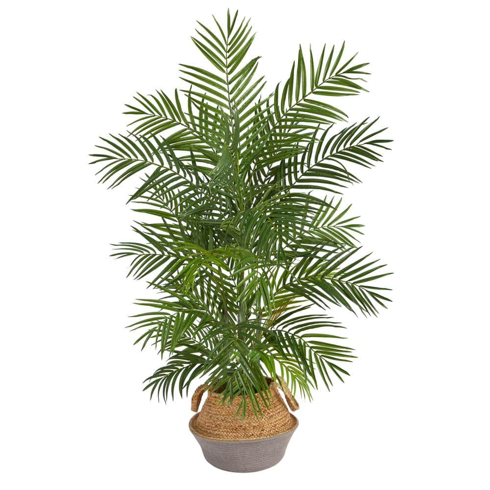 Nearly Natural 4 ft. Green Areca Artificial Palm Branches in Boho Chic Handmade Cotton and Jute Gray Woven Planter T2932