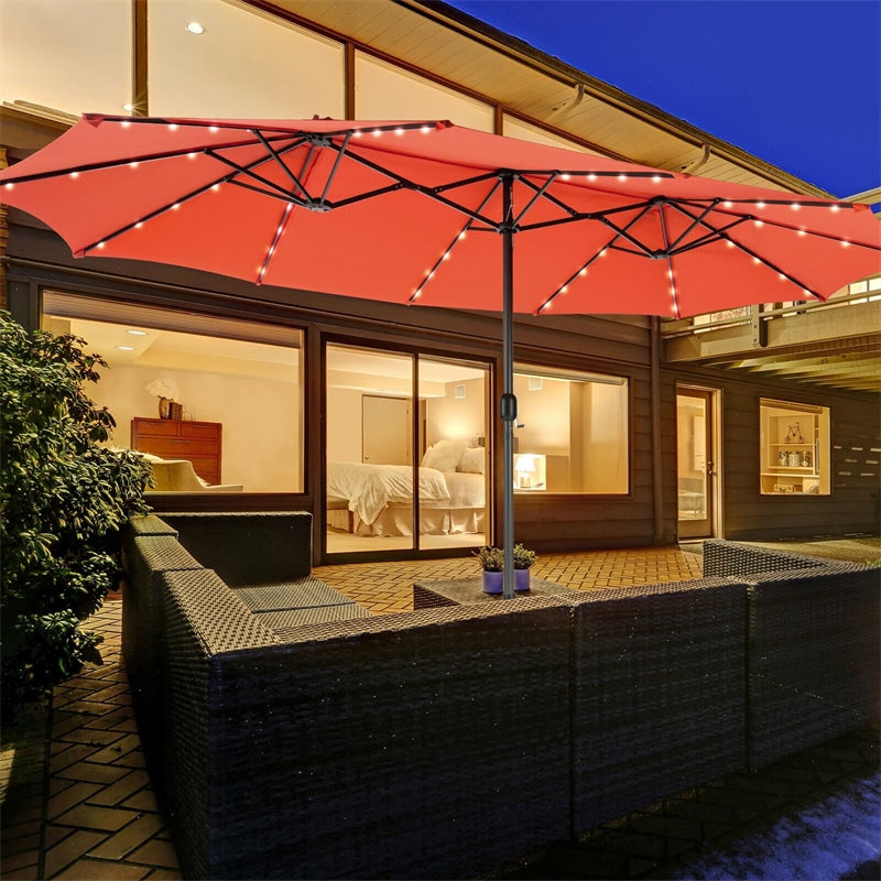 15 FT Large Outdoor Patio Table Umbrella with 48 Solar LED Lights & Crank, Double-Sided Metal Deck Pool Umbrella