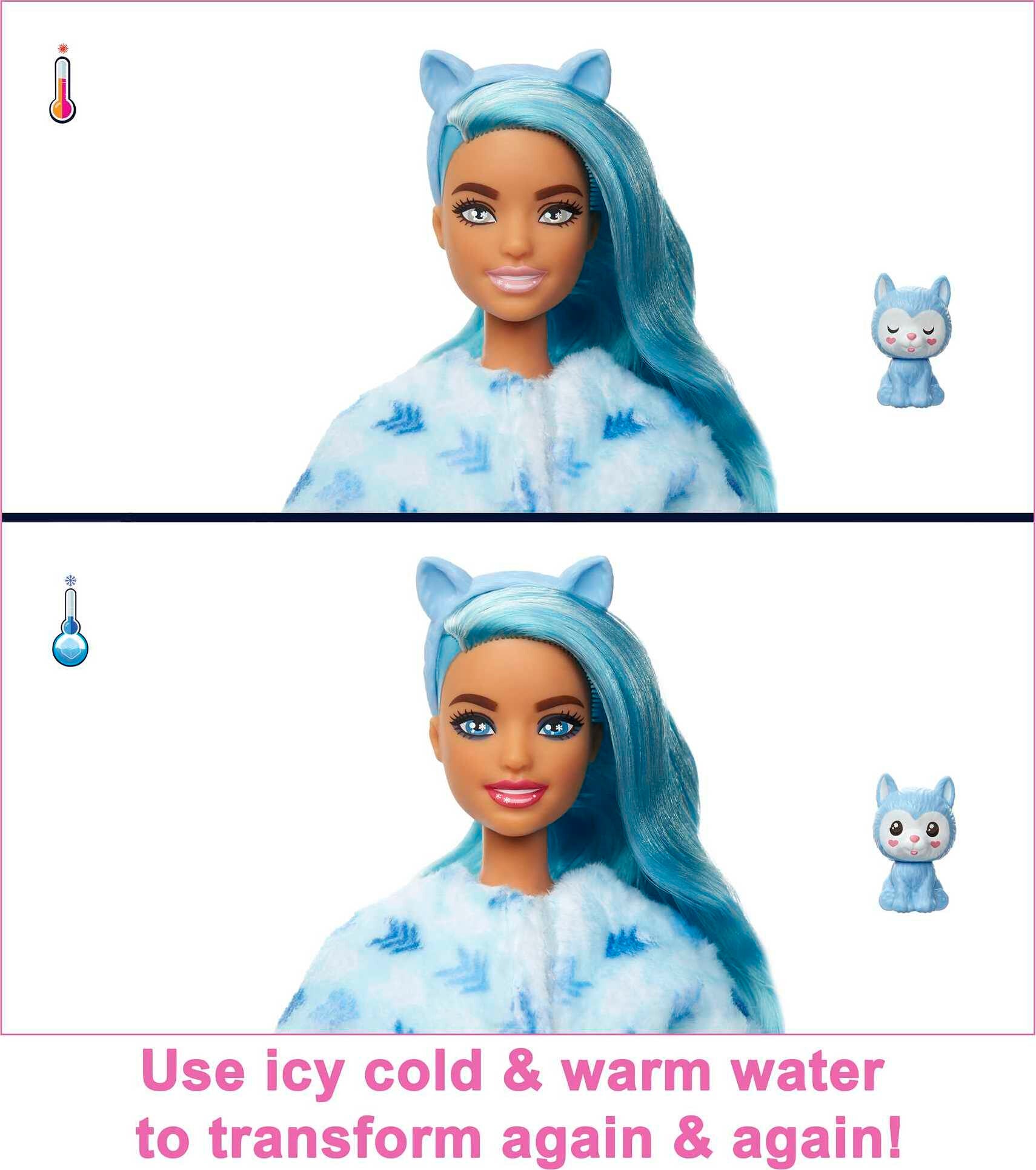 Barbie Cutie Reveal Snowflake Sparkle Fashion Doll with Husky Plush Costume, Mini Pet and Accessories