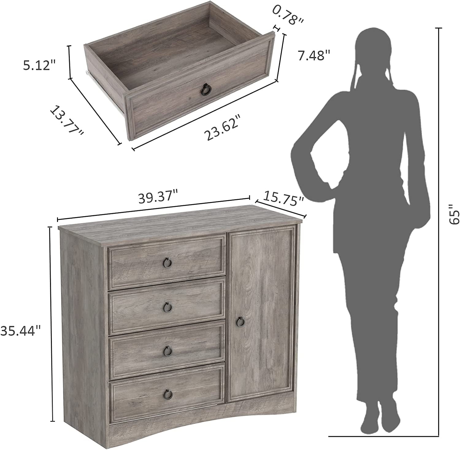 LGHM 4 Drawer Dresser W/ Door Cabinet for Bedroom, Chest of Drawers Storage Organizer Gray