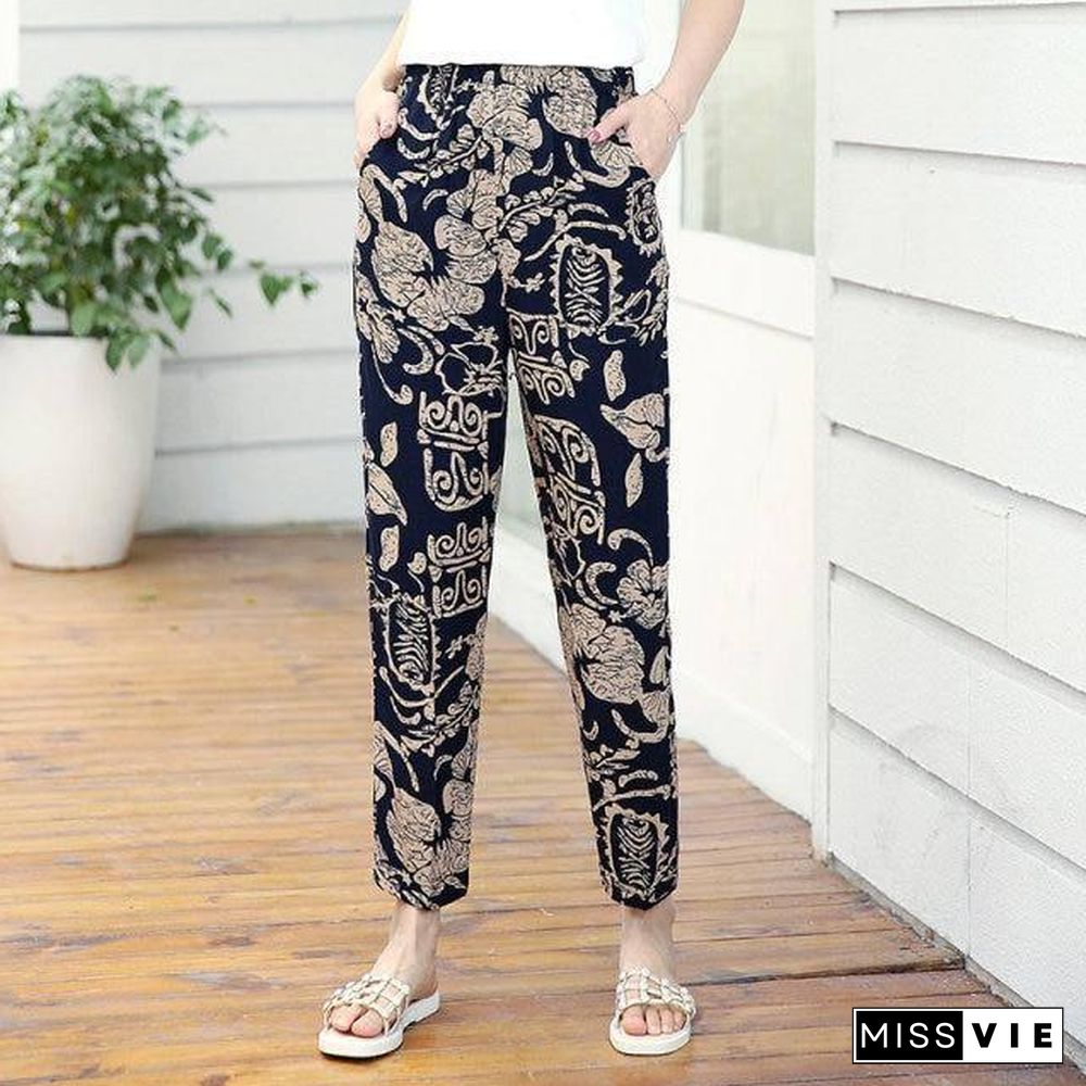 22 Colors Women Summer Casual Pencil Pants XL-5XL Plus Size High Waist Pants Printed Elastic Waist Middle Aged Women Pants