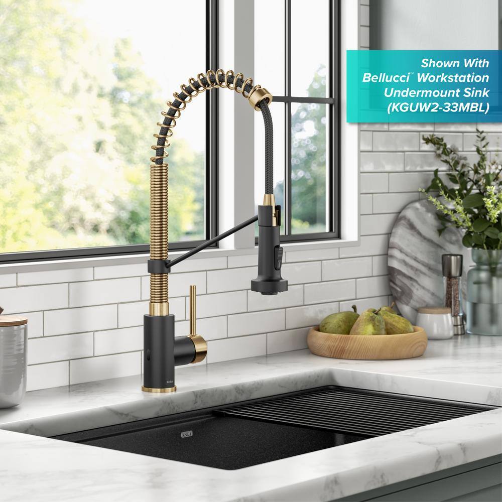 KRAUS Bolden Touchless Sensor Commercial Style Pull-Down Single Handle Kitchen Faucet in Brushed BrassMatte Black KSF-1610BBMB