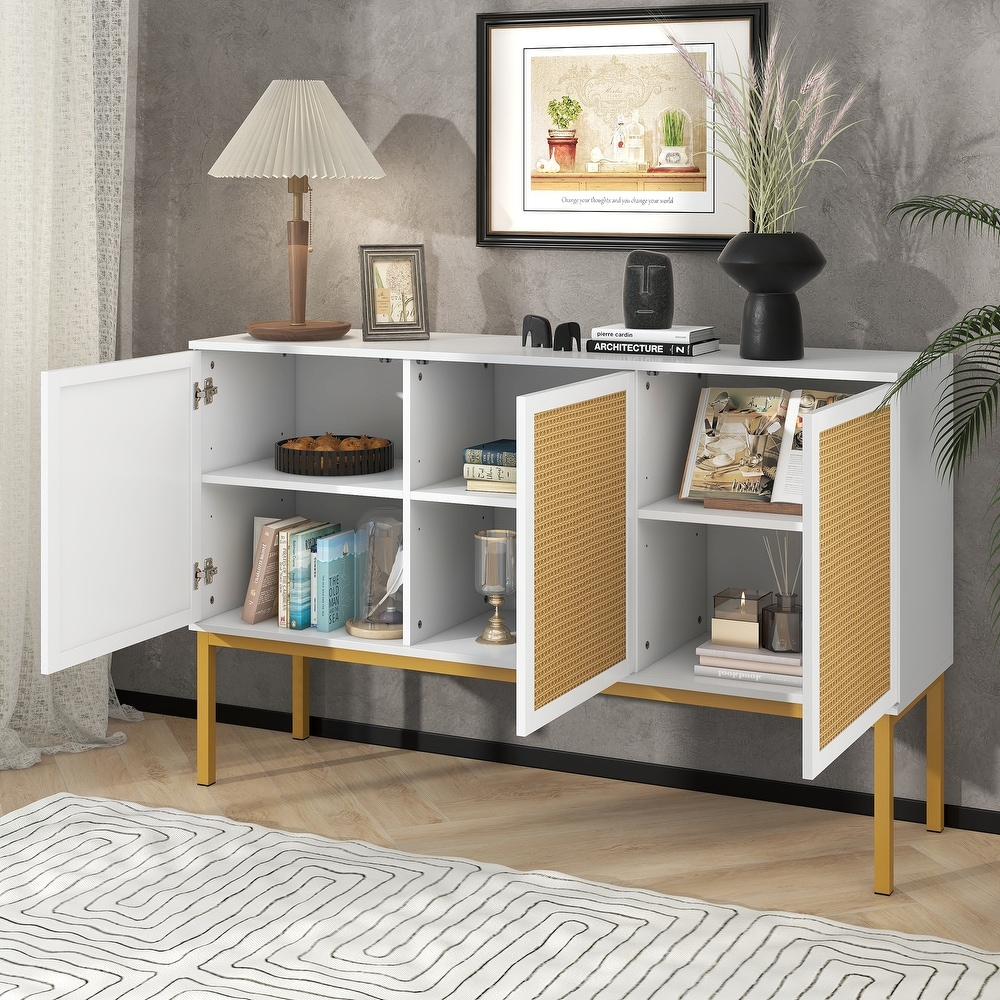 Large Storage Space Sideboard with Artificial Rattan Door and Rebound Device for Living Room   Entryway