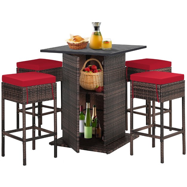 Tangkula Tangkula 5pcs Patio Bar Set Rattan Bar Furniture Set W Table amp 4 Cushioned Stools Red