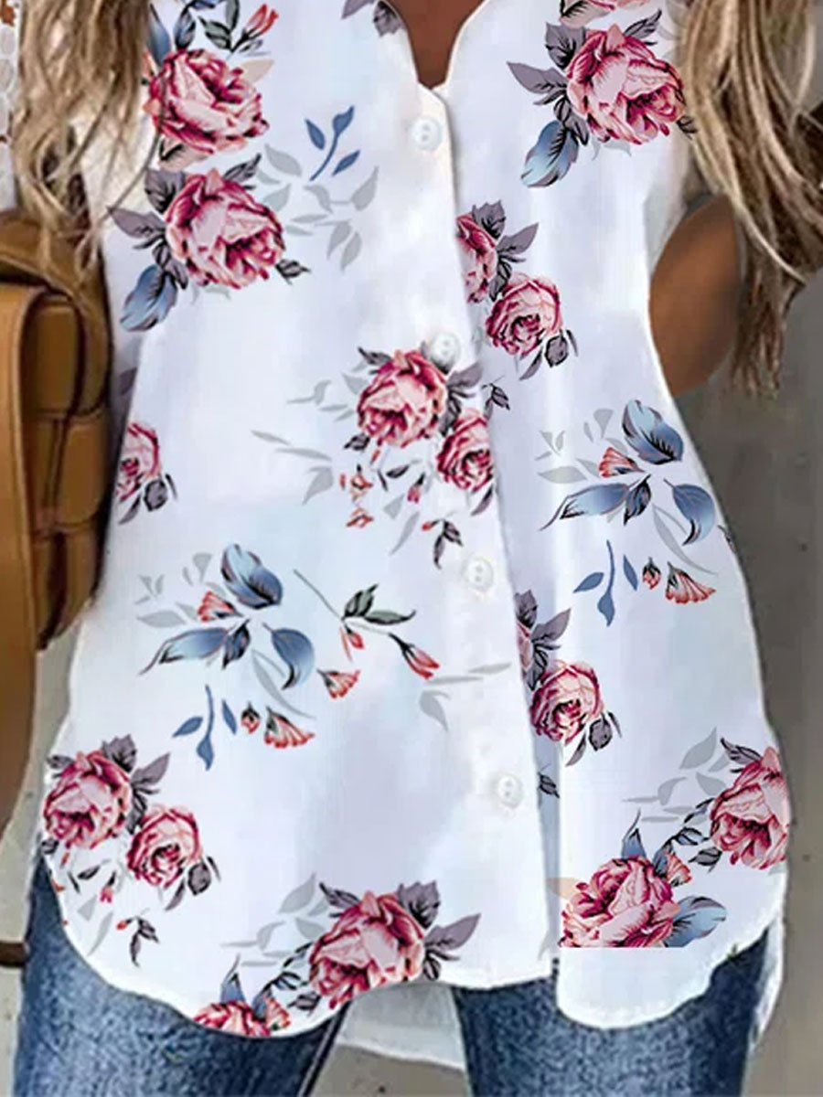 V-neck Casual Loose Floral Print Cutout Short Sleeve Blouse