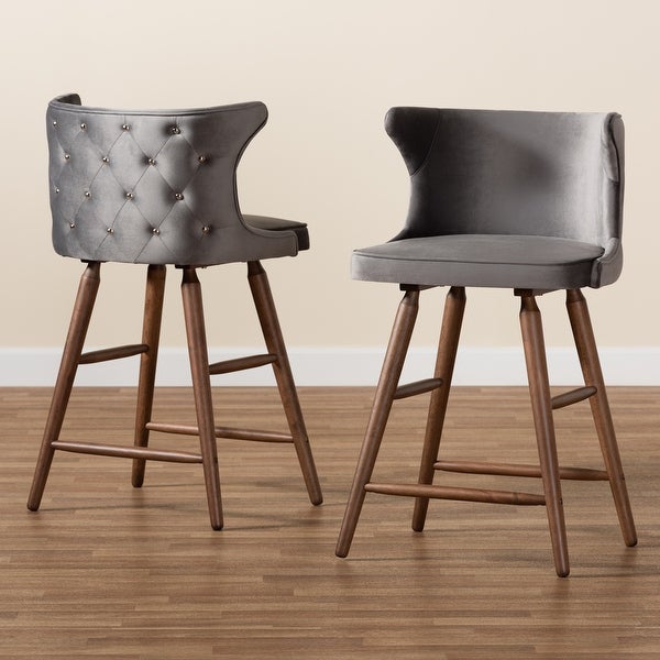 Sagira Modern Velvet Fabric and Walnut Finished 2-PC Counter Stool Set