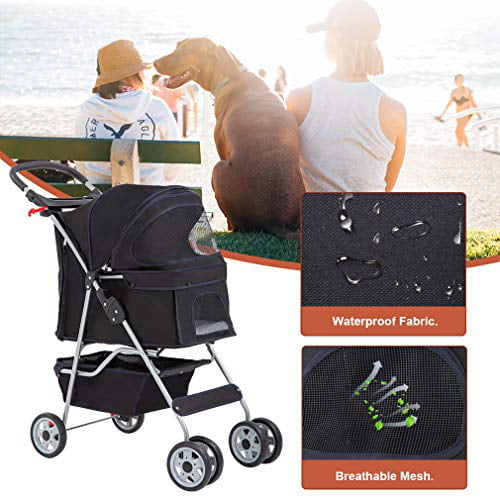 Bestpet 4 Wheels Pet stroller for Cats and Dogs， Folding， Black