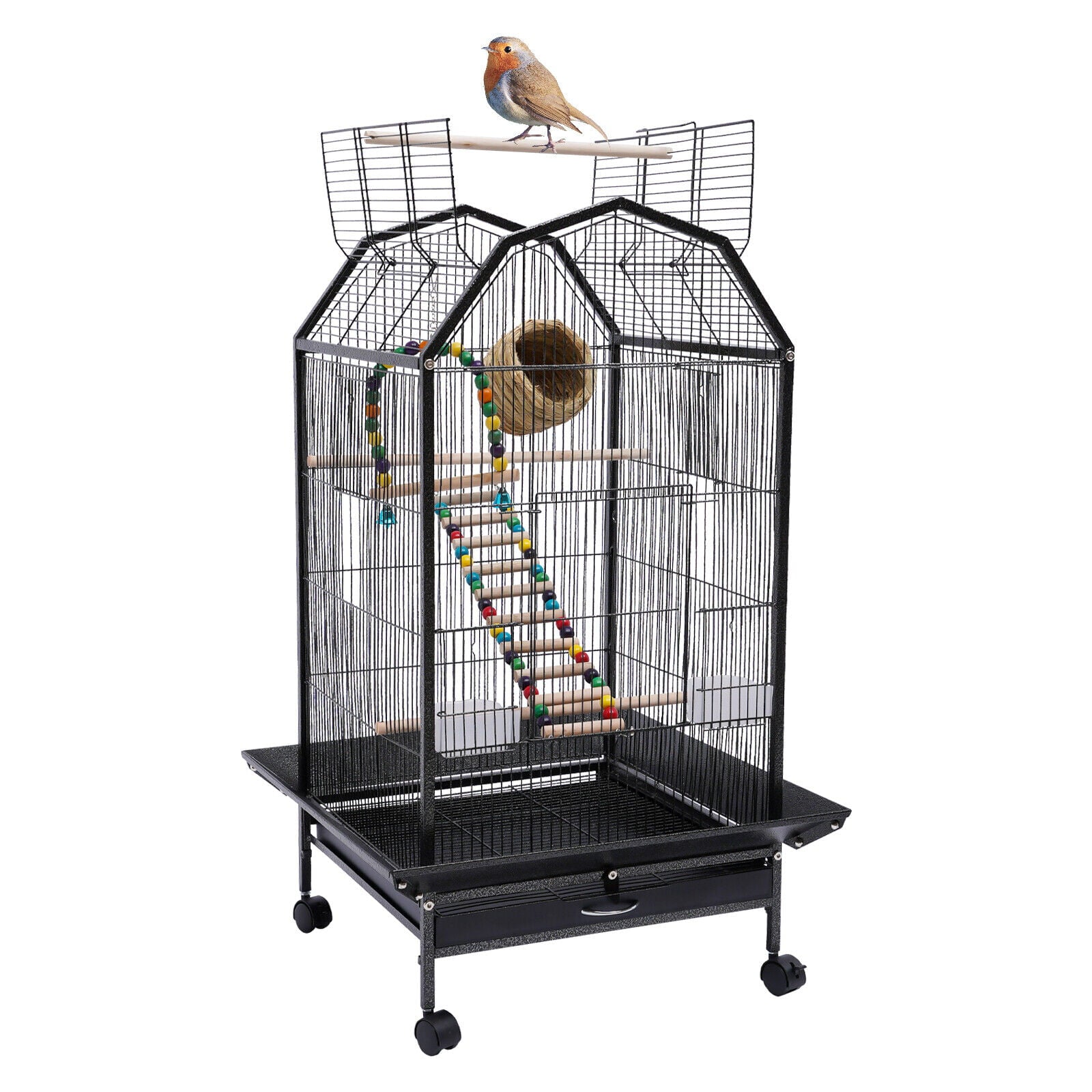 FETCOI Large Cockatiel Parakeet Finch Rolling Canary Cage Bird Cage w/ ladder and swing (Medium)