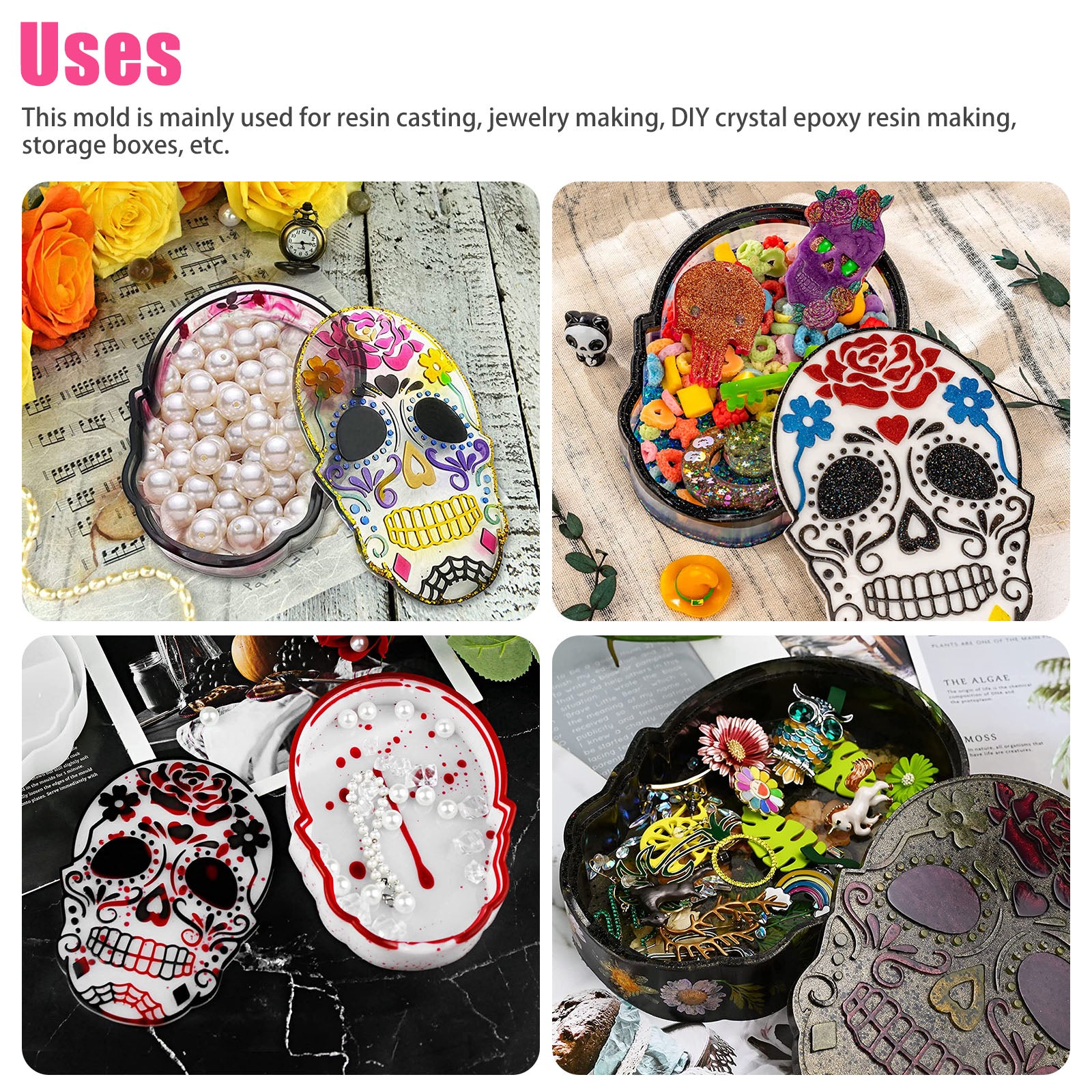 Halloween Skull Jewelry Box Resin Mold, EEEkit Large Skull Storage Box Silicone Mold with Lid, Trinket Box Epoxy Casting Mold for DIY Jewelry Container Candy Storage Gift Box, Halloween Decoration