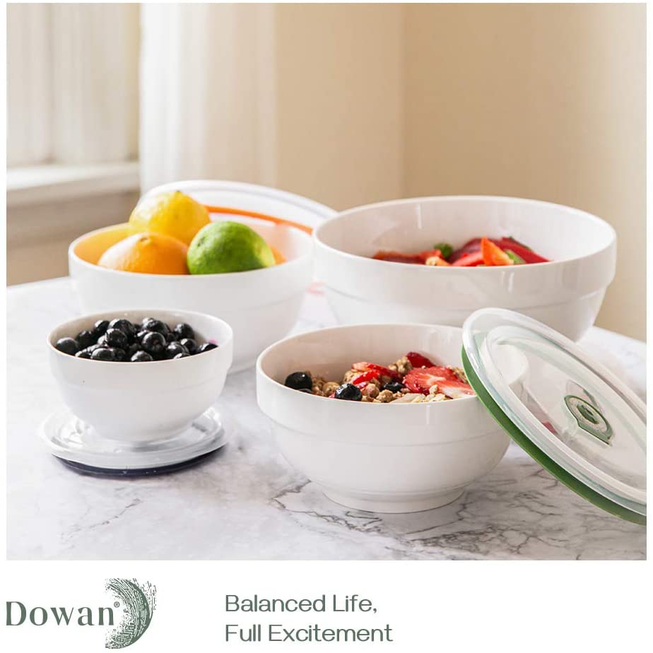 DOWAN White Ceramic Bowls with Lids， Serving Bowls with Lids， Food Storage Container， 64/42/22/12 oz， Set of 4