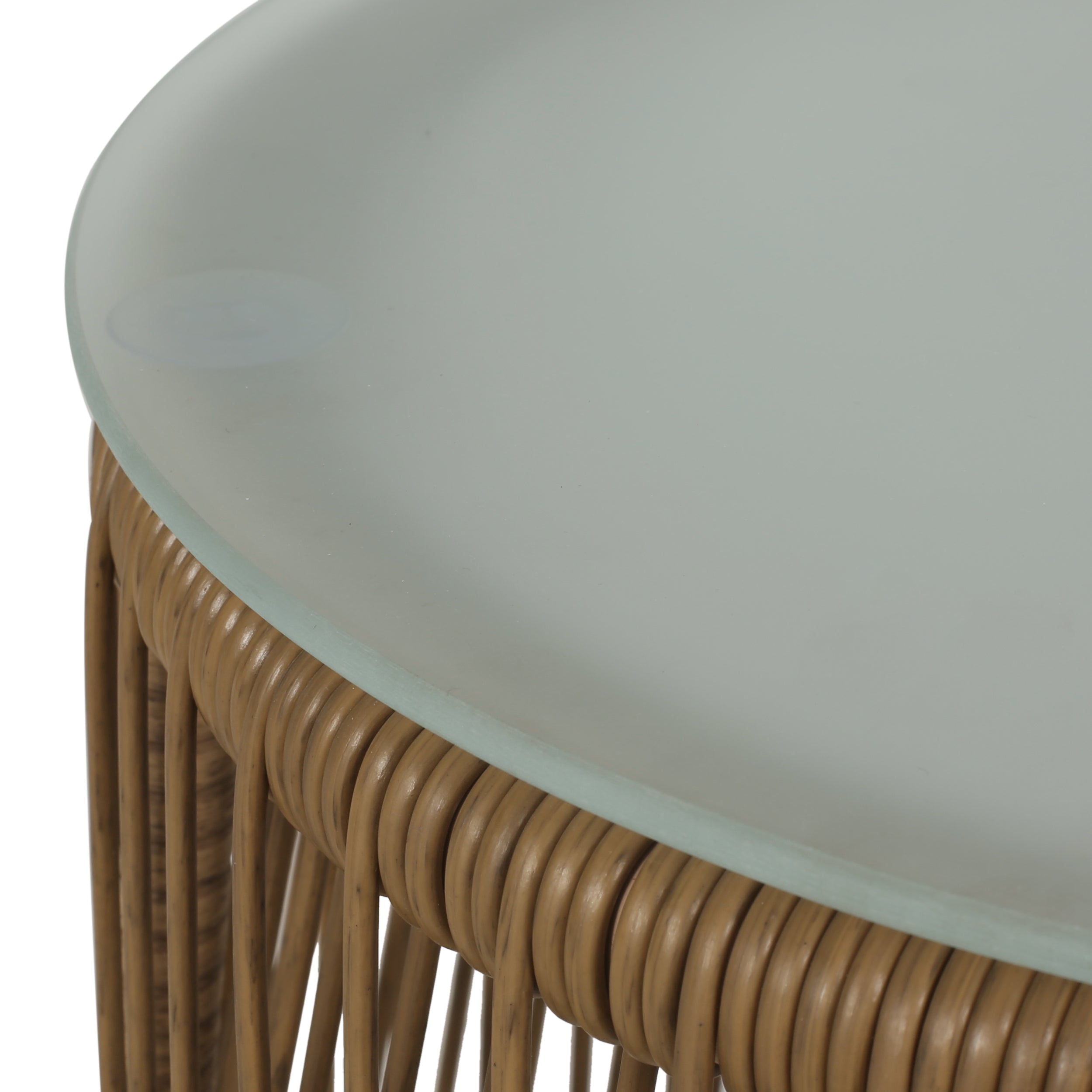 Helmville Outdoor Wicker Side Table with Glass Top, Light Brown