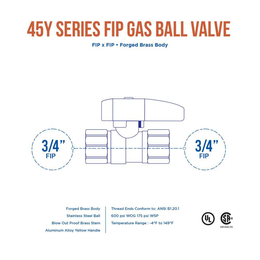 The Plumber's Choice 34 in. Brass FIP Gas Ball Valve with Yellow Aluminum Alloy Handle FIPY34