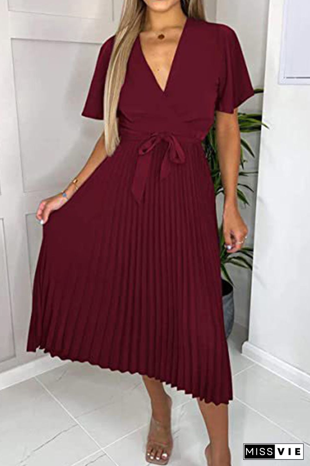 Plain V Neck Flare Sleeves Pleated Midi Dress