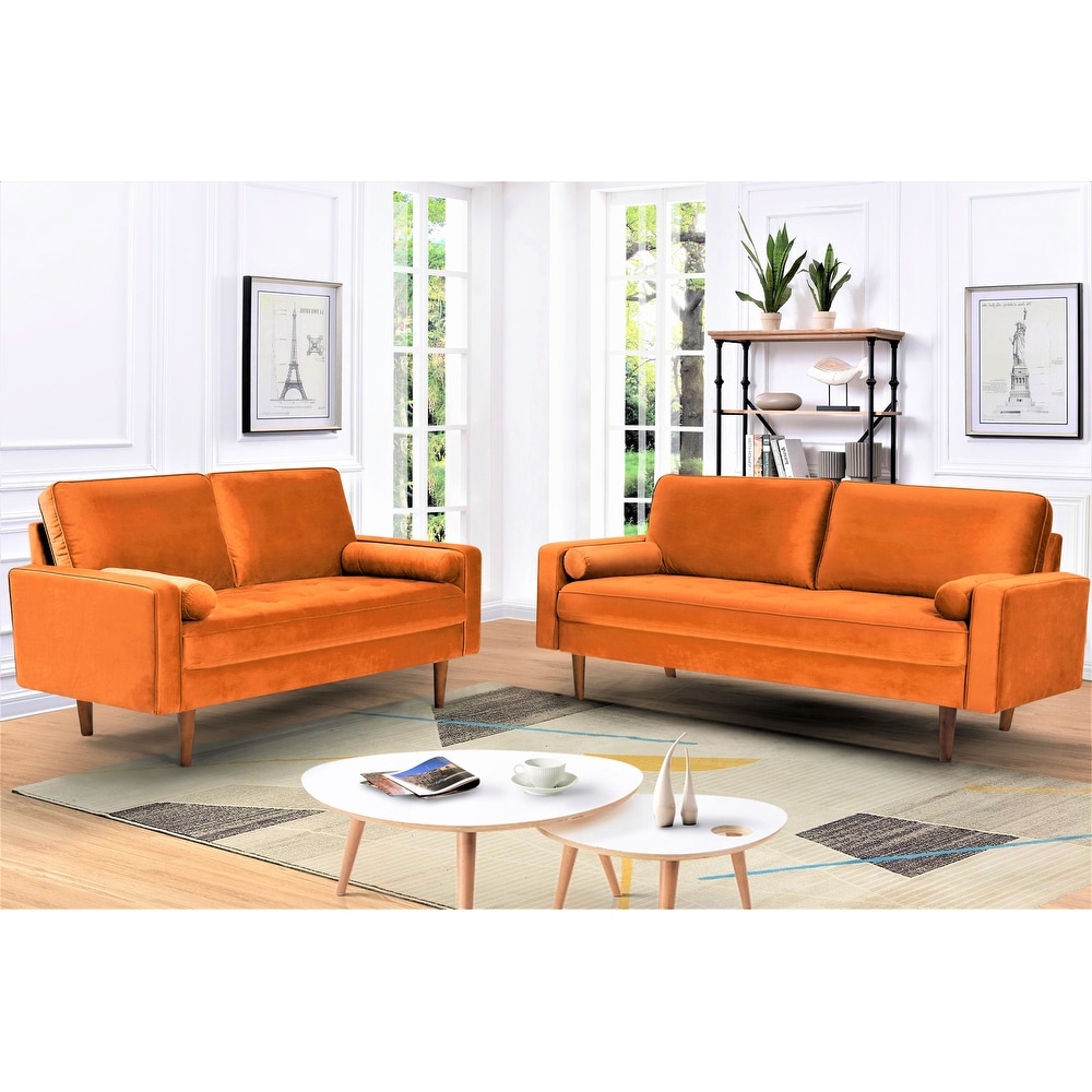 Monahan Wood Frame Velvet Tufted 2 PCS Living Room Set  Sofa   Loveseat