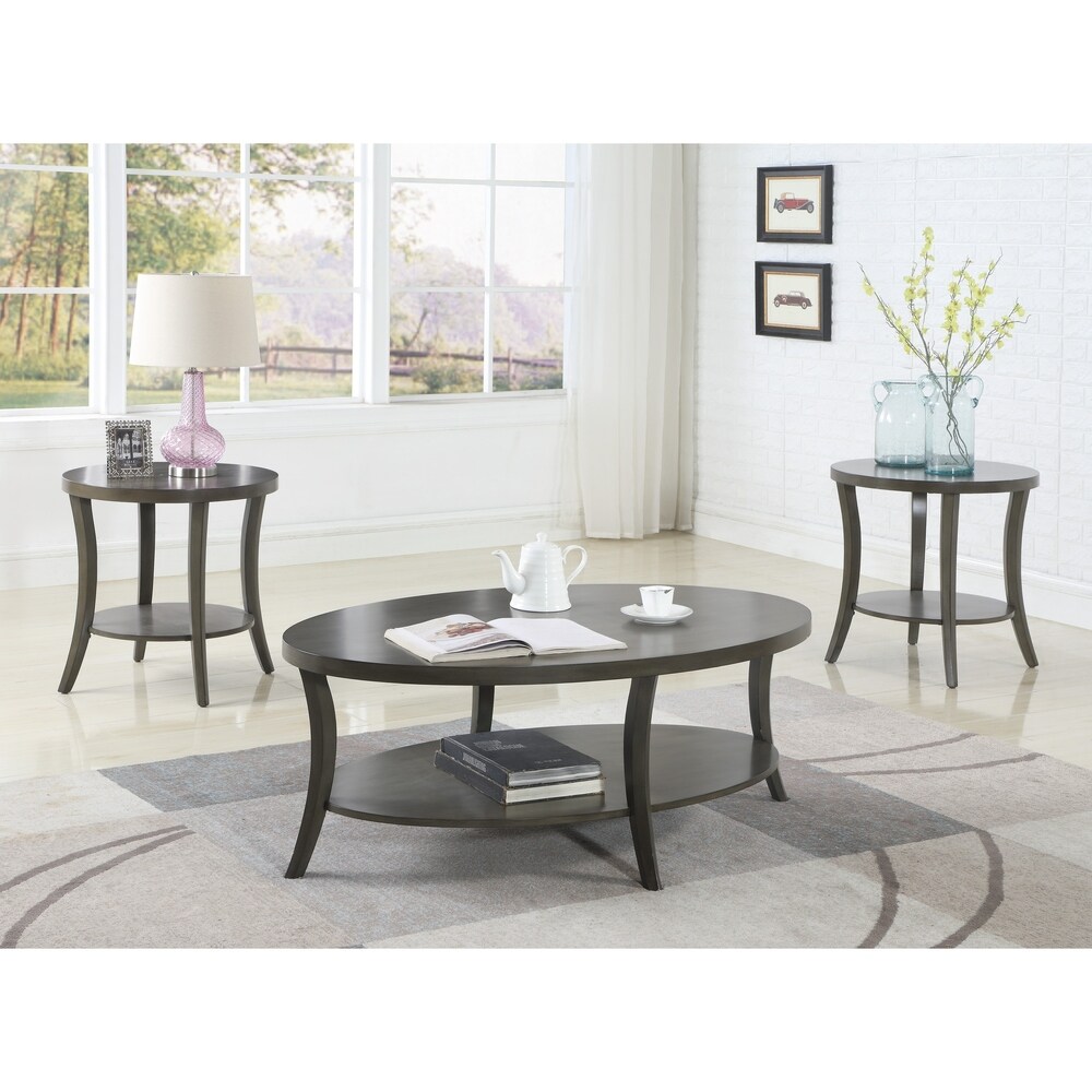 Roundhill Furniture Perth Contemporary Oval Shelf Coffee Table Set  Gray