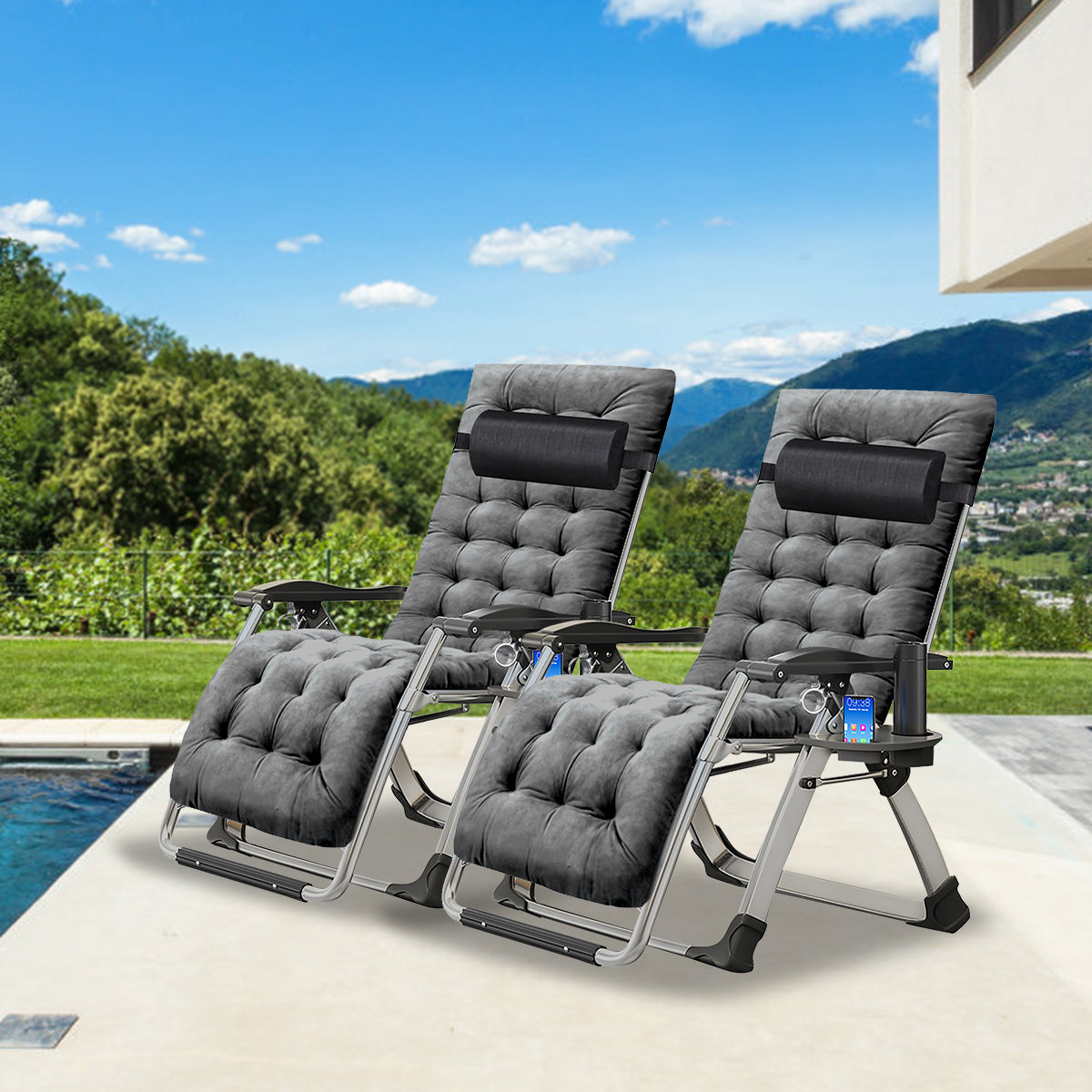 Slsy Zero Gravity Chair, 2Packs Lawn Recliner, Reclining Patio Lounger Chair, Folding Portable Chaise with Soft Removable Mattress, Cup Holder, Adjustable Headrest