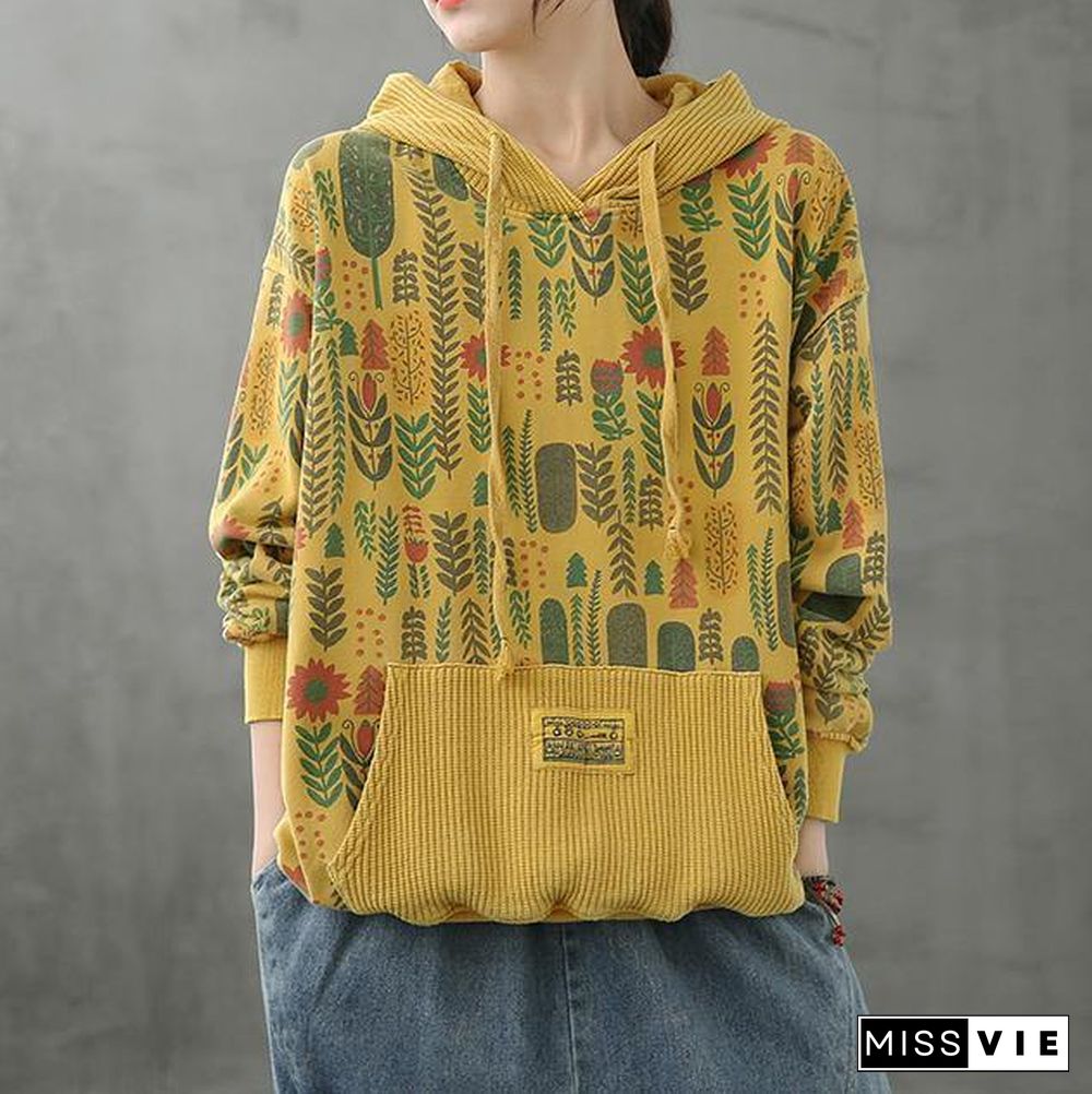 Organic hooded fall crane tops Neckline yellow Plant printing shirts