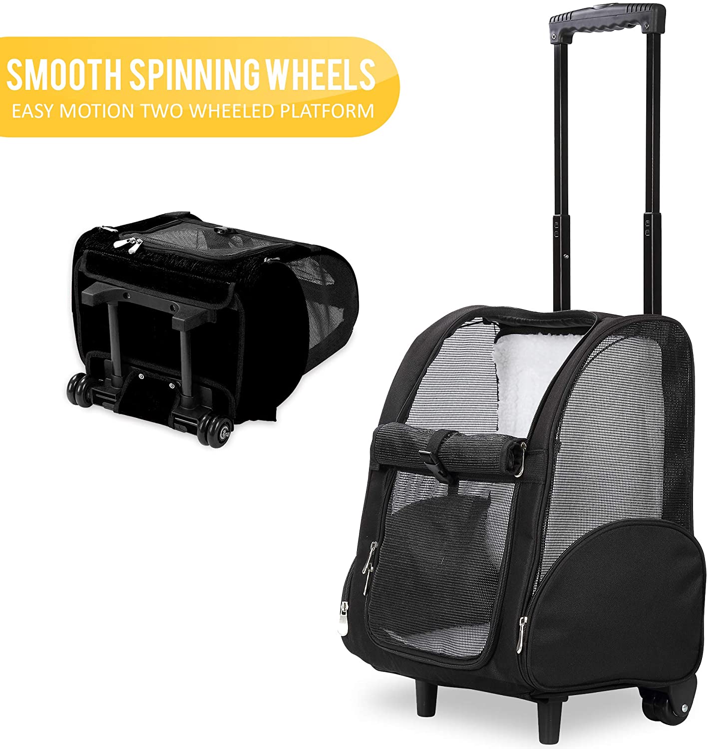 Deluxe Backpack Pet Travel Carrier with Double Wheels - Black - Approved by Most Airlines