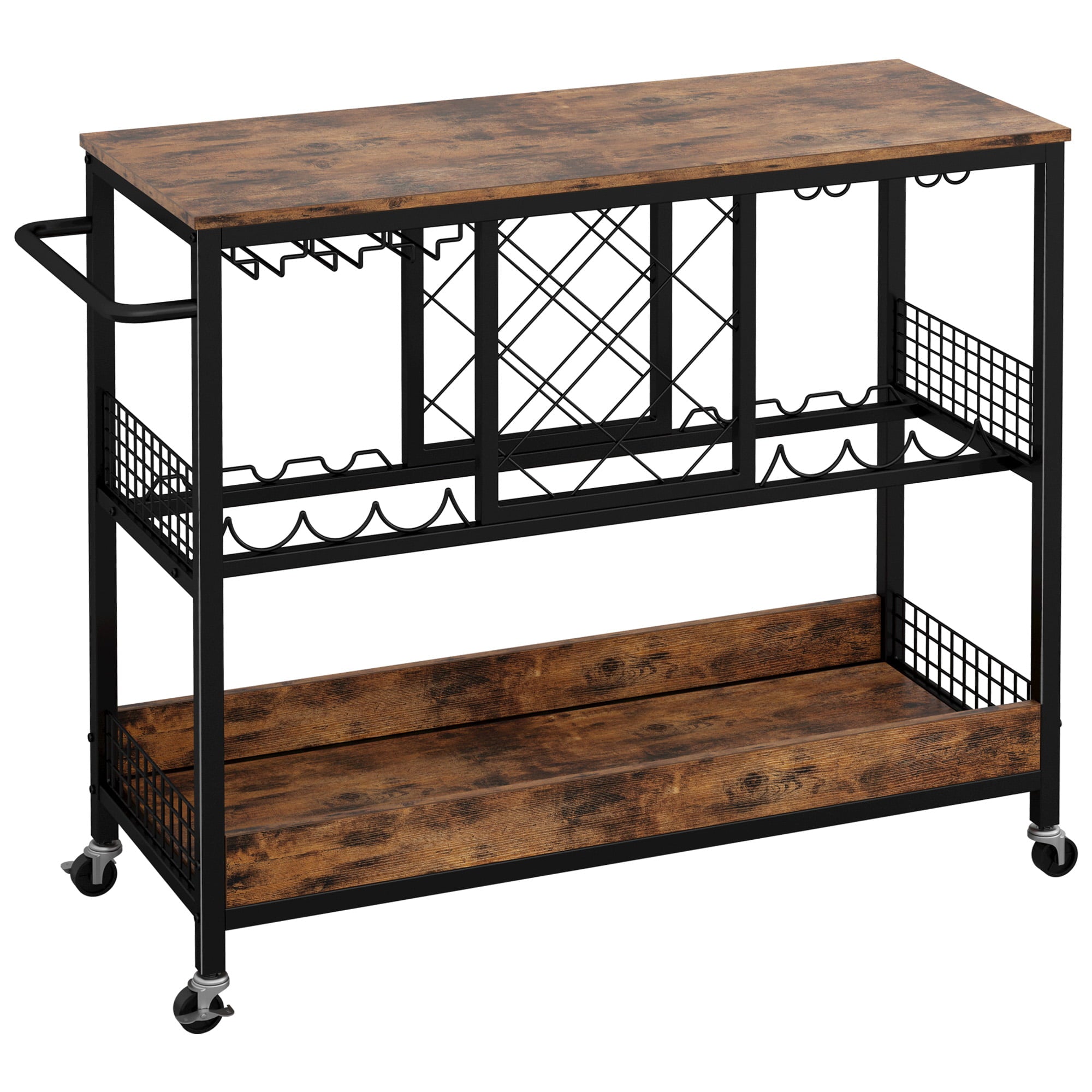 IRONCK Wine Rack Table， Bar Cart on Wheels Kitchen Storage Cart  Wood and Metal Frame， Vintage Brown