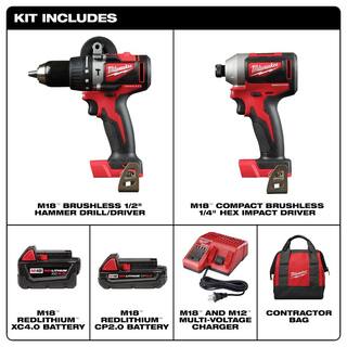 MW M18 18V Lithium-Ion Brushless Cordless Hammer DrillImpact Combo Kit (2-Tool) with 2 Batteries Charger and Bag 2893-22CX