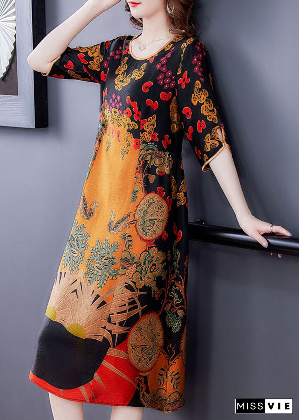 Women Yellow O-Neck Print Silk Women's Dress Half Sleeve