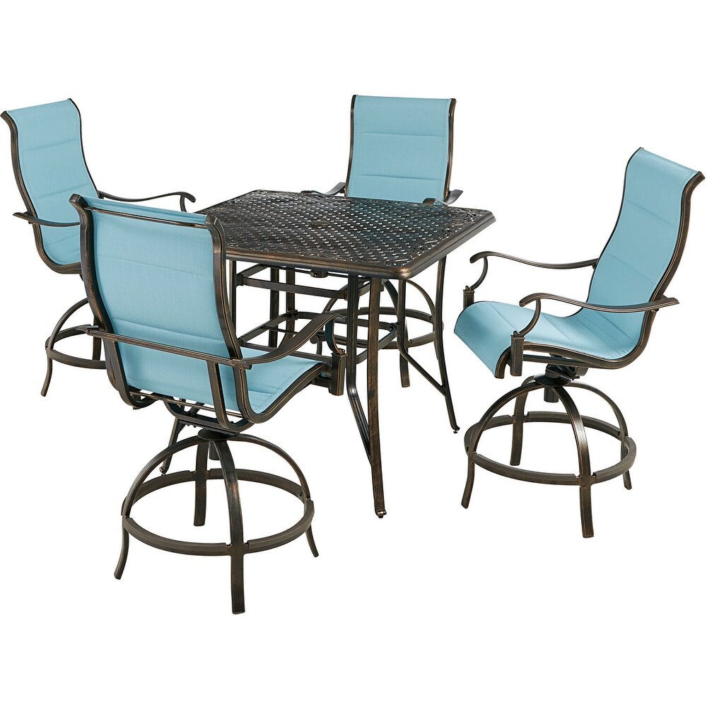 Hanover Traditions 5 Piece High Dining Set in Blue with 4 Padded Swivel Counter Height Chairs and 42 in. Cast top Table